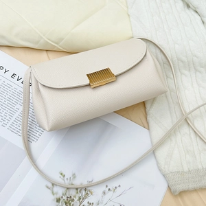 Chic beige lychee pattern crossbody bag with gold magnetic clasp and thin strap
