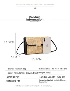 Straw envelope shoulder bag size comparison with smartphone and black PU leather strap details