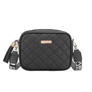 Black quilted crossbody bag with stylish gold hardware and wide lettered shoulder strap
