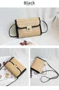 Detail of natural straw shoulder bag with black leather trim and golden flip lock