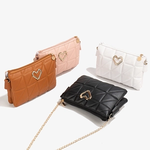 Women Quilted Crossbody Bag PU Leather Heart Metal Decor Gold Chain Strap Zipper Stylish Small Pouch