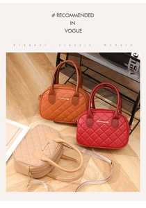 Three quilted faux leather satchels in brown, red and beige with gold hardware
