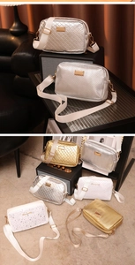 Details von Kamera-Umhängetaschen mit Metallic-Finish und breiten Nylon-Schultergurten