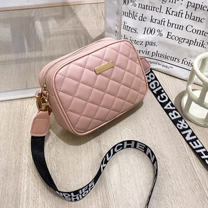 Detail of pink quilted crossbody bag featuring a golden plaque and lettered web strap