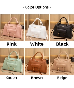 Collage von Leder-Umhängetaschen in den Farben Rosa, Weiß, Schwarz, Grün, Braun und Beige