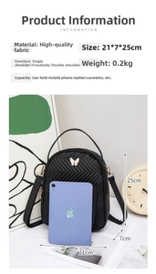 Quilted PU leather mini backpack details showing dimensions 21x25cm with metal butterfly buckle