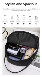 Internal storage detail of black round bag showing space for phone and essentials