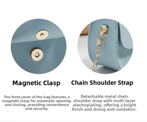 Detail of gold magnetic snap closure and electroplated chain on light blue crossbody bag