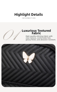 Close-up of V-shaped quilted PU leather backpack with a white butterfly ornament