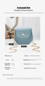Detailed specs of mini crossbody bag showing PU leather texture and gold chain strap
