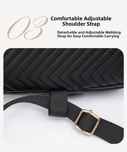 Detail of V-shaped quilted leather bag with adjustable black webbing shoulder strap