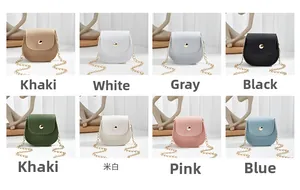 Grid view showcasing eight vibrant colors of mini semi-circle leather bags with gold chains