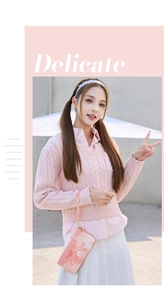 Pink marble texture zip-around clutch bag shown with a preppy style outfit