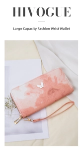 Pink marble pattern long wallet with butterfly ornament on elegant satin background