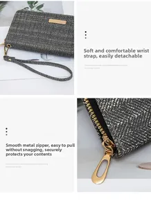Detail of tweed long wallet featuring smooth golden zipper and detachable wrist strap