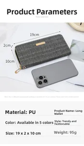 Detailed size view of trendy PU leather long wallet with zipper, measuring 19x10x2cm