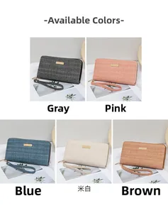 Detailed grid showing 5 textured long zip wallets with gold plates and wrist straps