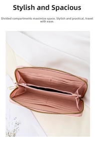 Interior detail of pink long wallet showing multiple card slots and zip pocket layout