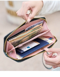 Interior layout of tweed long wallet showing card slots and spacious compartments