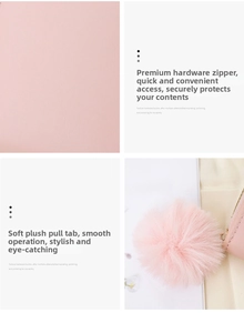 Detail of pink faux leather texture with golden zipper and soft plush ball charm