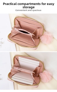 Pink polka dot coin purse interior showing accordion card slots and fluffy pompom charm
