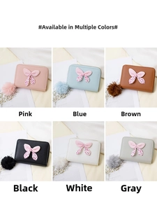 Detailed grid view showcasing small bow mini wallets in pink, blue, brown, black, white, and grey