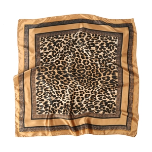 Classic leopard print silk square scarf with golden brown border and glossy satin finish