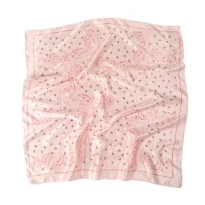 Pink silk square scarf with cherry and paisley print, smooth satin texture for women