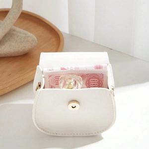 Mini semi-circle white lychee leather crossbody bag with gold magnetic buckle and chain