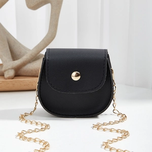 Mini black semi-circle crossbody bag with litchi texture and gold chain strap