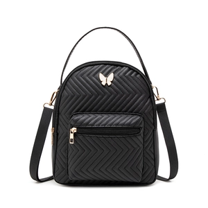 Black V-quilted mini backpack for women featuring a white enamel butterfly metal accent
