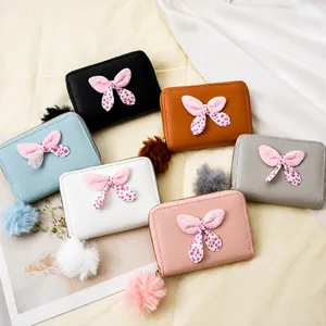Women Mini Coin Purse Cute PU Leather Short Wallet With Polka Dot Bow And Plush Ball Pendant Zip Card Holder For Girls