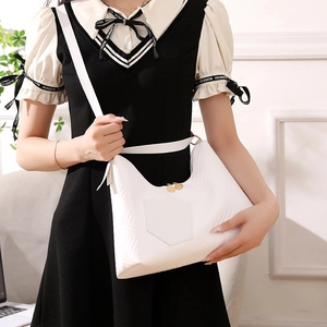 Stylish white V-quilted PU leather hobo bag with gold zippers and crescent moon shape