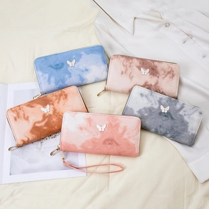 Luxury Marble Print PU Leather Long Wallet For Women Zip Clutch Handbag With Butterfly Metal Decoration And Wristlet Strap
