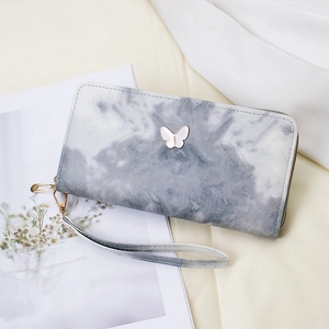 Elegant marble pattern long wallet for women with golden butterfly clasp and wristlet strap