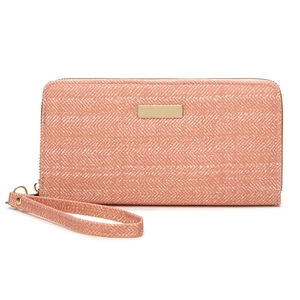Pink salmon zip-around wallet for women with chevron texture and gold wristlet strap