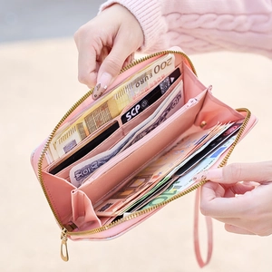 Pink gradient long zipper wallet for women with butterfly detail and multiple card slots