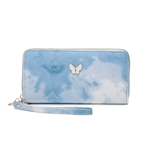 Blue and white cloud gradient long wallet with butterfly metal detail and wrist strap