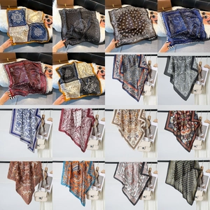 Detailed collage of 70cm silk square scarves with paisley and polka dot vintage patterns