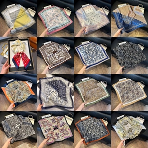 Collage of 16 elegant silk square scarves featuring classic paisley and floral patterns