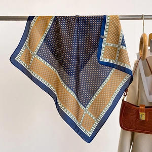 French style vintage geometric plaid silk scarf in navy blue and gold for women