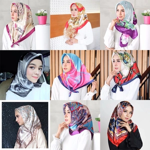 Collage of nine elegant satin silk square scarves with horse carriage and floral prints