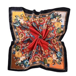 Bohemian satin square scarf with vintage floral and paisley print in red and yellow