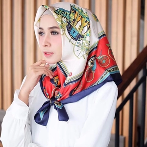 90cm square satin silk scarf featuring vintage horse carriage pattern and navy borders