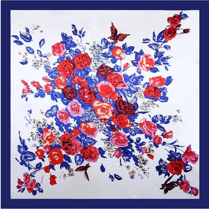 Elegante scialle di seta 90 cm con stampa a rose rosse vintage e bordi blu navy raffinati