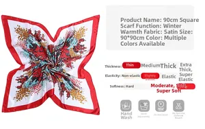 Detail of 90x90cm floral satin silk scarf showing size specifications and smooth texture