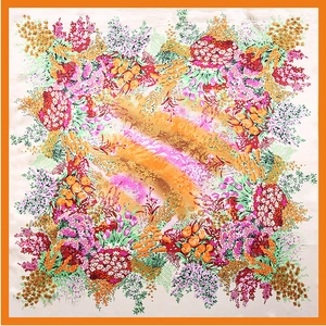 Floral print satin square scarf with bright orange border on cream white background