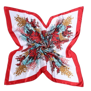 Floral print satin square scarf 90cm with vibrant red border and vintage flower pattern