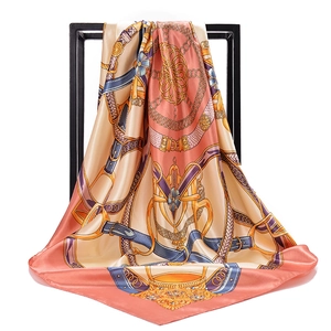 90cm square silk scarf with elegant chain and belt print in pink orange and beige colors