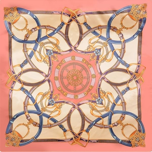Elegant 90cm square silk scarf featuring coral pink horse bit and chain print patterns